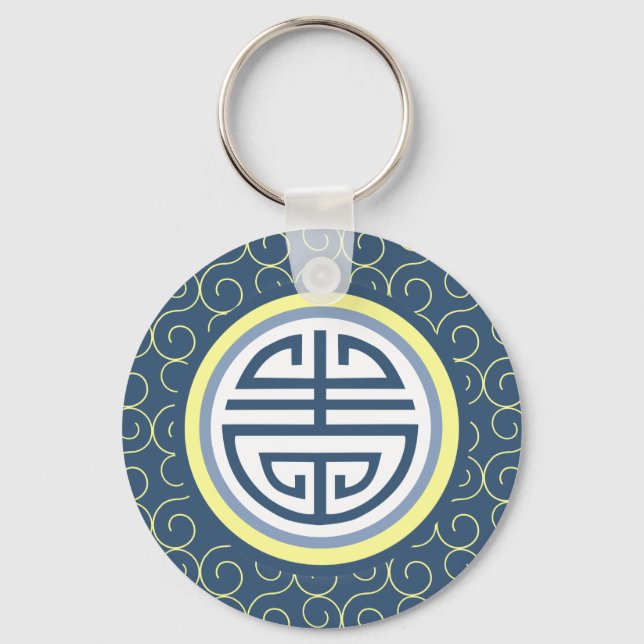 Shou Chinese Longevity Symbol - Blue and Gult Nyckelring (Framsida)