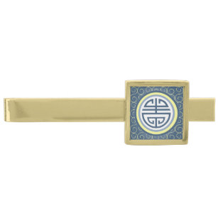 Shou Chinese Longevity Symbol - Blue and Gult Slipsnål Med Guldfinish