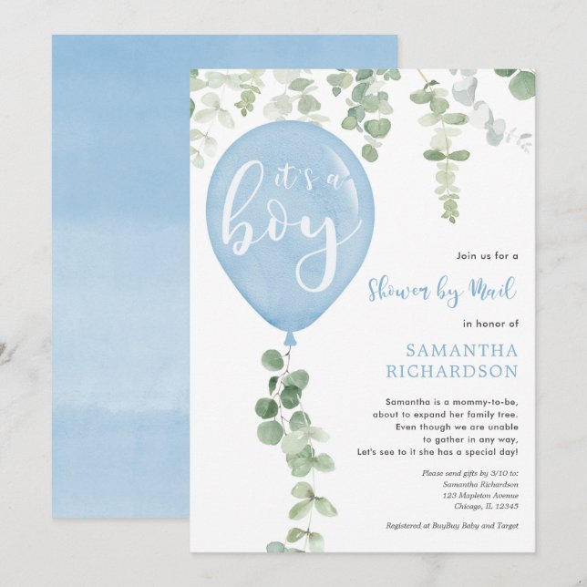 Showby mail blue balloon eucalyptus babydusch inbjudningar (Fram/baksida)