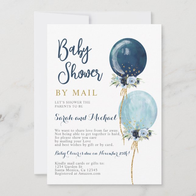 Showby mail navy blue balloons boy inbjudningar (Framsida)