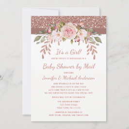 Showby Mail Rosa ros Guld Glitter Girl Baby Inbjudningar
