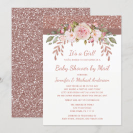 Showby Mail Rosa ros Guld Glitter Girl Baby Inbjudningar