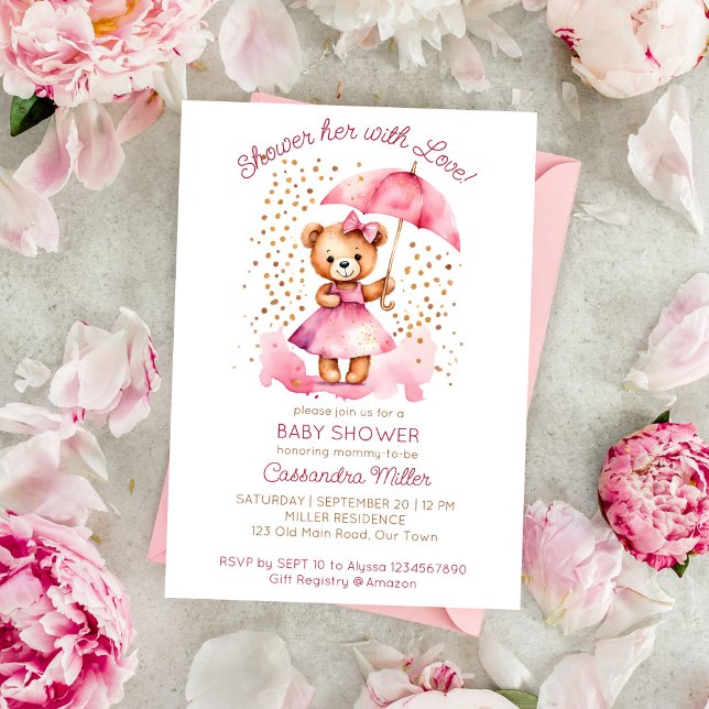 Showen med nalle-babydusch för kärlek-flickan inbjudningar (Shower with love girl teddy bear baby shower template invitation digital download cute teddy umbrell)