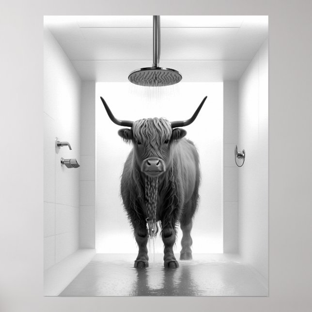 Shower Highland Cow Bathroom Black and White Poster (Framsidan)