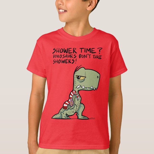 Shower Time? Funny Grönt T-Rex Dinosaur-Tecknad T Shirt (Framsida)