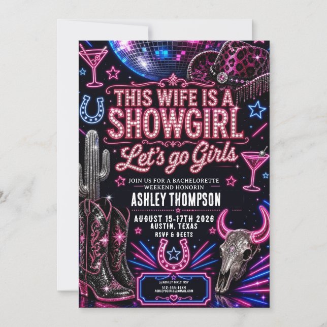 Showgirl Neon Helg Austin Möhippa Inbjudningar (Framsida)
