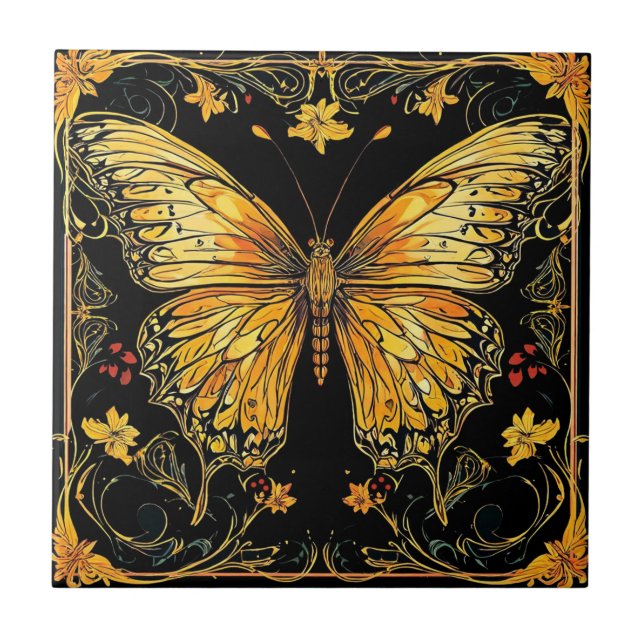 Showy Art Deco Nouveau Butterfly Ceramic Tile Kakelplatta (Framsidan)