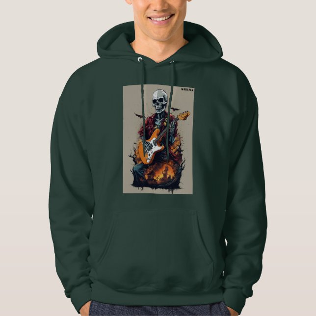 "Shred the Dead: Creepy Skull Guitarist Tee" Hoodie (Framsida)
