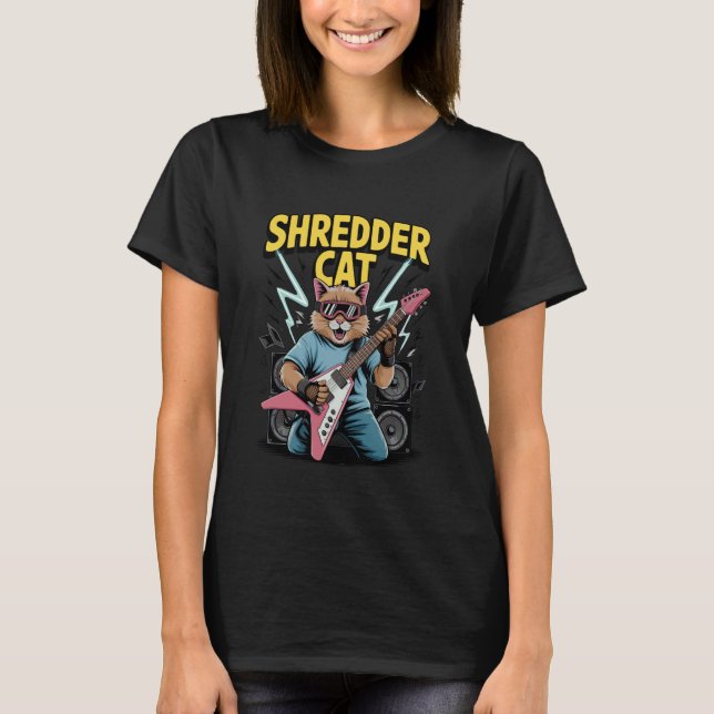 Shredder Katt Spelar Gitarr Med Glasögon Blixt T Shirt (Framsida)