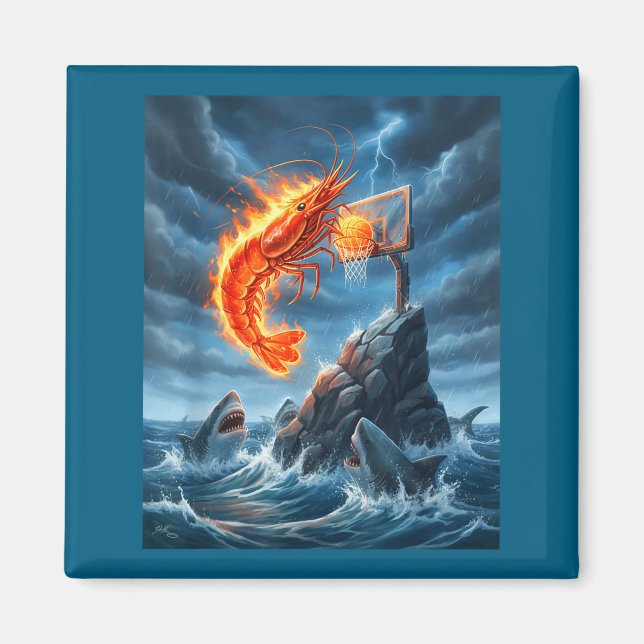 Shrimp Dunking On Shark Funny Fishing Meme Basketb Magnet (Framsidan)