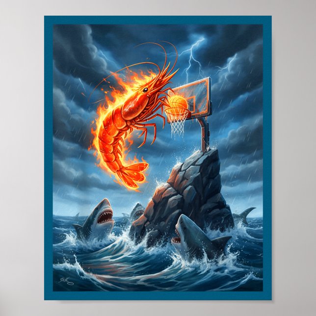 Shrimp Dunking On Shark Funny Fishing Meme Basketb Poster (Framsidan)