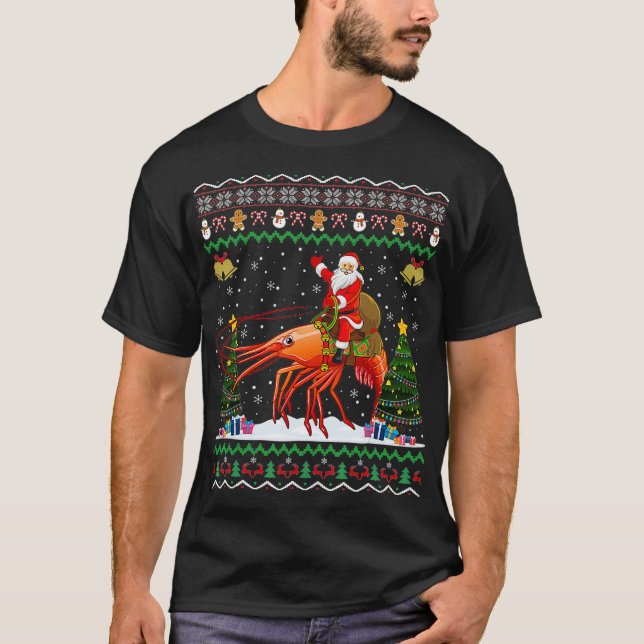 Shrimp Ugly Julafton Gift Santa Riding Shrimp Chri T Shirt (Framsida)