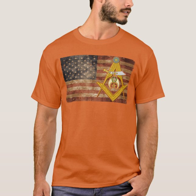 Shriners USA Flag Emblem Compass Square Mason Fath T Shirt (Framsida)