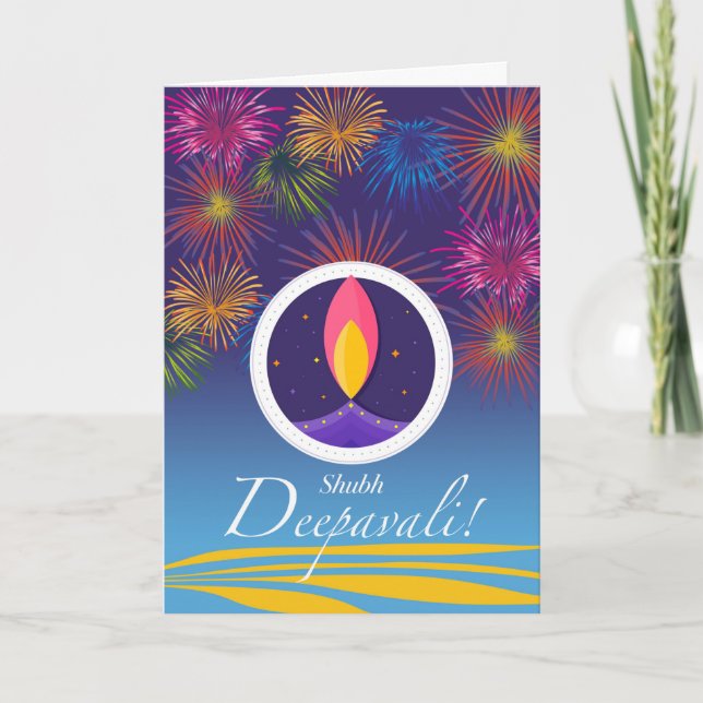 Shubh Deepavali, Diwali Diya och Fireworks Kort (Framsida)