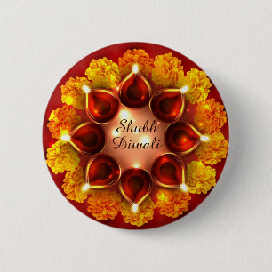 Shubh Diwali Diyas och Marigolds Knapp