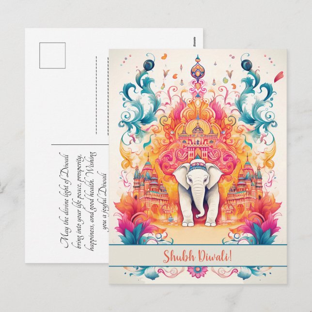 🐘 Shubh Diwali med Watercolor Elegance Helg Vykort (Fram/baksida)