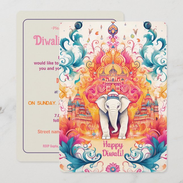 🐘 Shubh Diwali med Watercolor Elegance Inbjudningar (Fram/baksida)