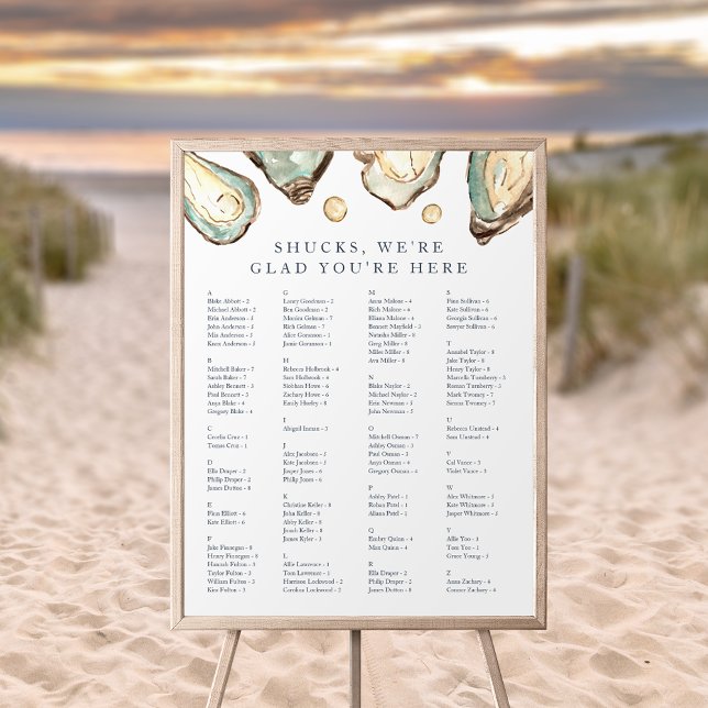 "Shucks" Alfabetiskt placeringsschema för kustostr Poster (Coastal oyster alphabetical wedding seating chart)