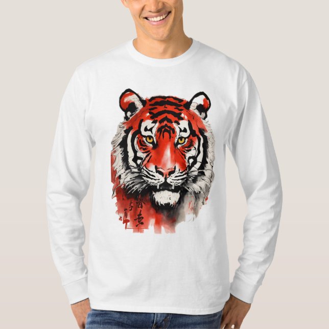 shuDimò huà, 水 画, svart och röd bläck, en tiger i  T Shirt (Framsida)