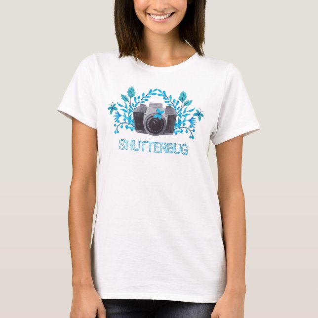 Shutterbug-kamera med blå Löv och fjärilar Tee Shirt (Framsida)
