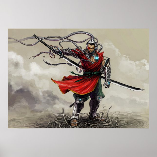 SHWANN: Futuristiskan Samurai DJ Print Poster (Framsidan)