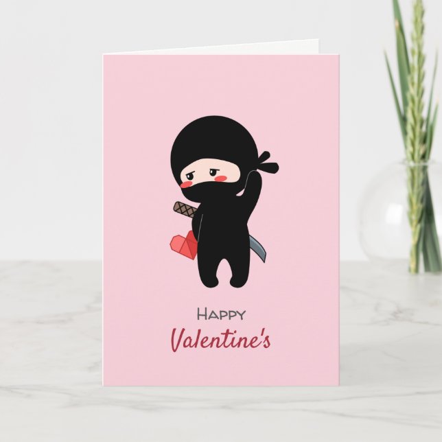 Shy Blushing Ninja Holding Origami Pappert hjärta Helgkort (Framsida)