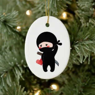 Shy Blushing Ninja Holding Origami Pappert hjärta Julgransprydnad Keramik