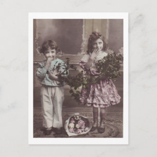 Shy Children with Flowers Antique Postcard Vykort