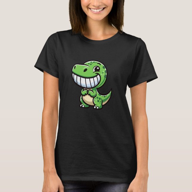 Shy Dino Cartoon Trex Showing Teeth Happy Friendly T Shirt (Framsida)