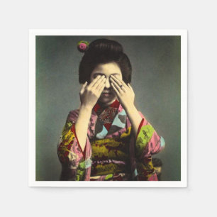 Shy Geisha-Vintagen Gamla Japan Hand-Färgaden Pappersservett