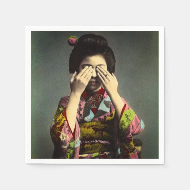 Shy Geisha-Vintagen Gamla Japan Hand-Färgaden Pappersservett (Framsidan)