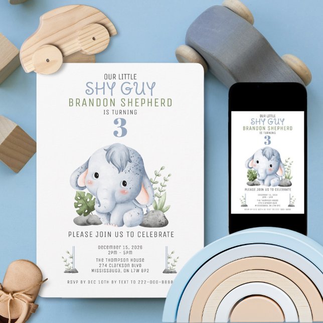 Shy Guy Elephant Birthday Invitation Inbjudningar (Baby Elephant theme birthday invitation)