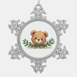 Shy Kawaii Teddy Bear Mistletoe Christmas Snöflinga Pewter Julgransprydnad