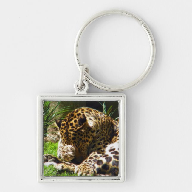 Shy Leopard Fyrkantig Silverfärgad Nyckelring (Framsidan)