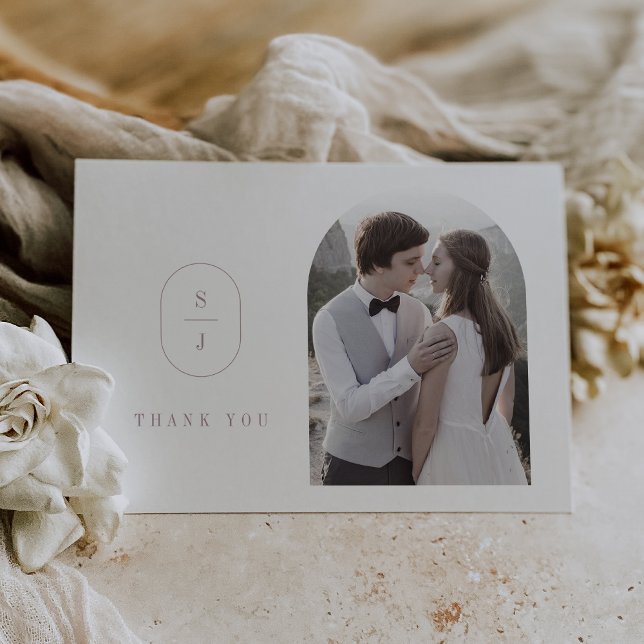 SHYLAH Flat Dusty Ro Boho Monogram Photo Bröllop Tack Kort (SHYLAH Flat Dusty Rose Boho Monogram Photo Wedding Thank You Card)