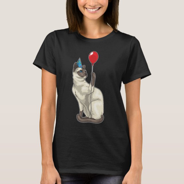 Siamese Birthday Balloon Party hat T Shirt (Framsida)