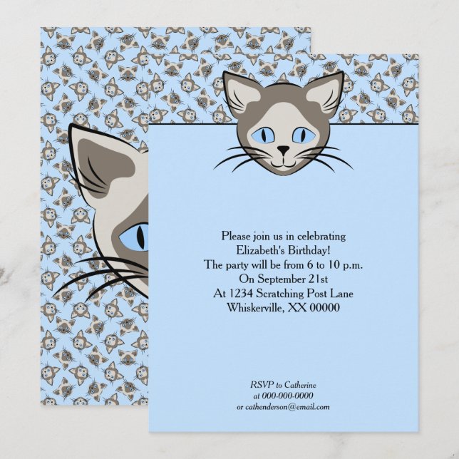 Siamese Blue Eyed Cat Ansikte Graphic Art Mönster Inbjudningar (Fram/baksida)