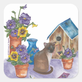 Siamese Cat Birdhouse Pansies Watercolor ’Anthony’ Fyrkantigt Klistermärke