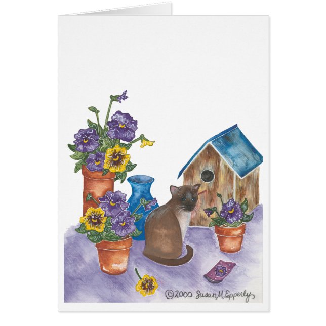 Siamese Cat Birdhouse Pansies Watercolor ’Anthony’ Hälsningskort (Framsidan)