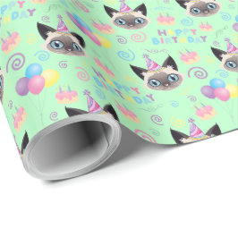 Siamese Cat Birthday Gift Wrapping Paper in Green Presentpapper