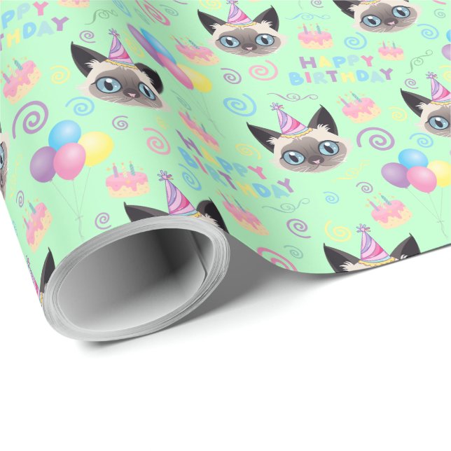 Siamese Cat Birthday Gift Wrapping Paper in Green Presentpapper (Rullad Hörn)