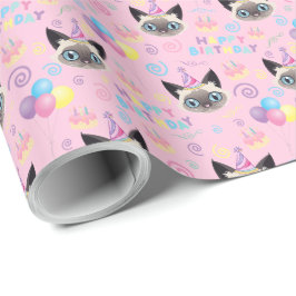 Siamese Cat Birthday Gift Wrapping Paper in Pink Presentpapper