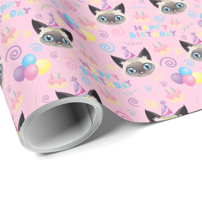 Siamese Cat Birthday Gift Wrapping Paper in Pink Presentpapper (Rullad Hörn)