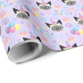 Siamese Cat Birthday Gift Wrapping Paper in Purple Presentpapper