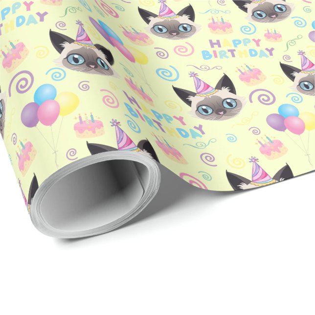 Siamese Cat Birthday Gift Wrapping Paper in Yellow Presentpapper (Rullad Hörn)