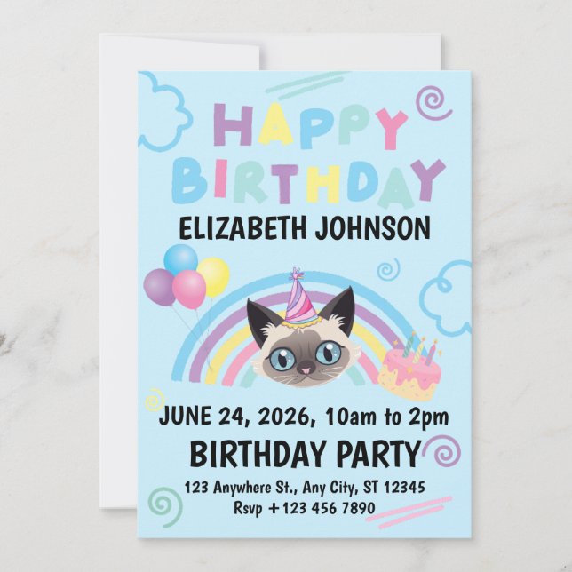 Siamese Cat Birthday Invitation in Blue Inbjudningar (Framsida)