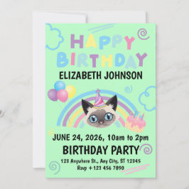 Siamese Cat Birthday Invitation in Green Inbjudningar