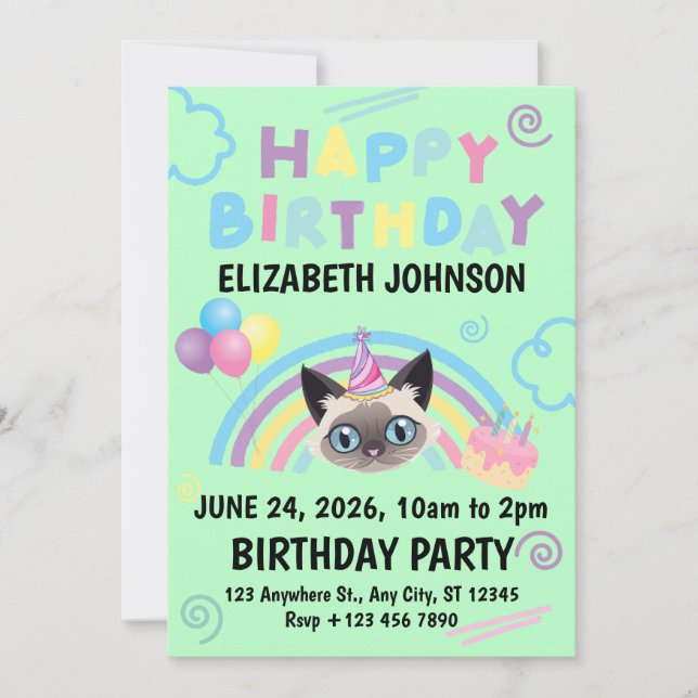 Siamese Cat Birthday Invitation in Green Inbjudningar (Framsida)