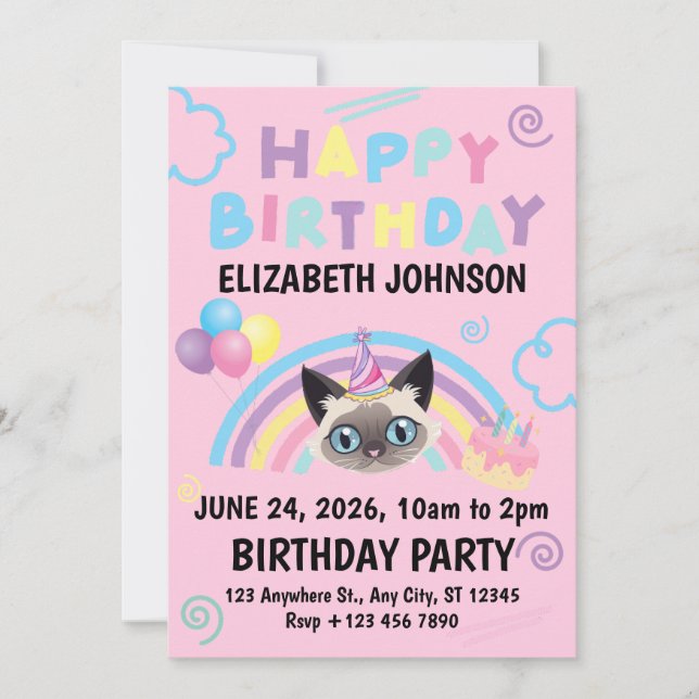 Siamese Cat Birthday Invitation in Pink Inbjudningar (Framsida)