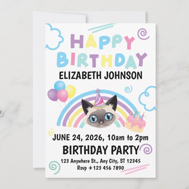 Siamese Cat Birthday Invitation in White Inbjudningar (Framsida)